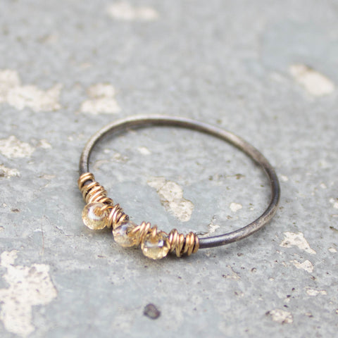 Ice & Fire Collection: Oxidized sterling silver, 14K goldfill and tiny crystal stackable ring