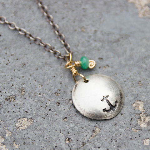 Stamped Metals Collection: Oxidized sterling silver small stamped disc with 14K goldfill and emerald