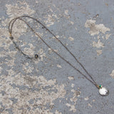 Stamped Metals Collection: Oxidized sterling silver small stamped disc with 14K goldfill and emerald