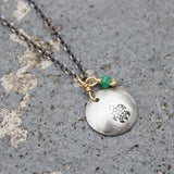 Stamped Metals Collection: Oxidized sterling silver small stamped disc with 14K goldfill and emerald