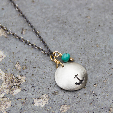 Stamped Metals Collection: Oxidized sterling silver small stamped disc with 14K goldfill and turquoise