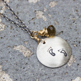 Stamped Metals Collection: Oxidized sterling silver medium stamped disc with 14K goldfill with whiskey quartz