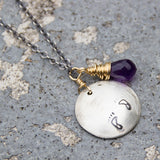 Stamped Metals Collection: Oxidized sterling silver medium stamped disc with 14K goldfill with amethyst