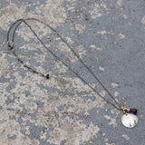 Stamped Metals Collection: Oxidized sterling silver medium stamped disc with 14K goldfill with amethyst