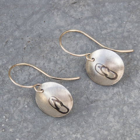 Stamped Metals Collection: Oxidized sterling silver small stamped flip flops disc earrings