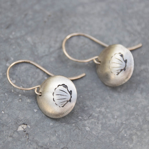 Stamped Metals Collection: Oxidized sterling silver small stamped seashell disc earrings