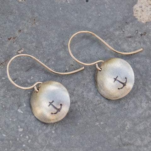 Stamped Metals Collection: Oxidized sterling silver small stamped anchor disc earrings