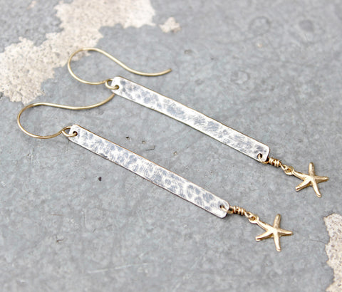 Stamped Metals Collection: Oxidized sterling silver hammered bar earrings with 14K goldfill charms