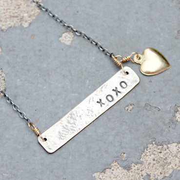 Stamped Metals Collection: Stamped sterling silver bar necklace with 14K goldfill charm