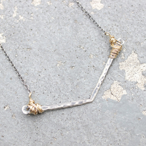 Stamped Metals Collection: Oxidized sterling silver chevron wrapped with 14K goldfill wire