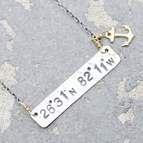 Stamped Metals Collection: Oxidized sterling silver bar with coordinates and 14K goldfill anchor