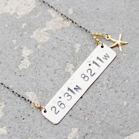 Stamped Metals Collection: Oxidized sterling silver bar with coordinates and 14K goldfill starfish